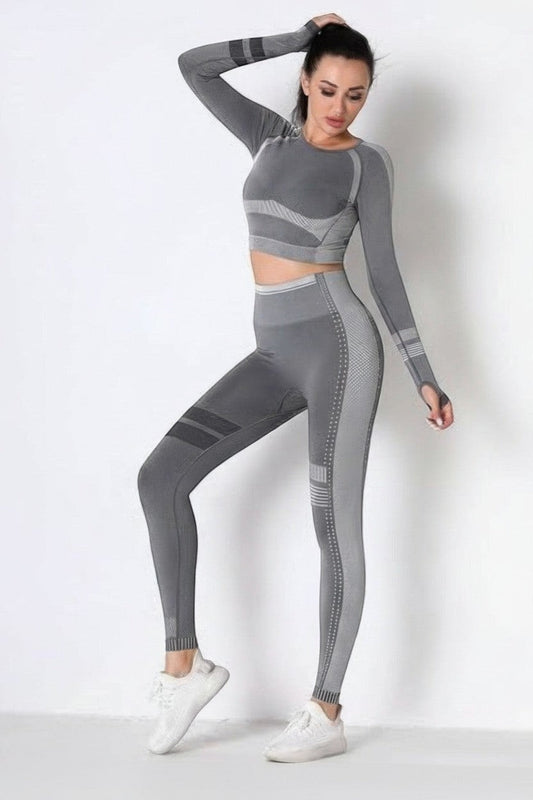 BOJU Women's dark grey seamless long sleeve crop top and high-waist leggings yoga set. Nylon/spandex blend.