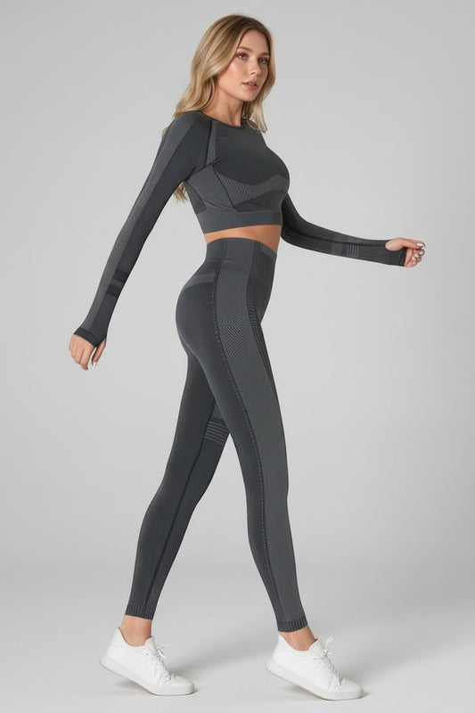 BOJUN women's dark grey seamless long sleeve yoga crop top and high-waist leggings set. Nylon-spandex blend.