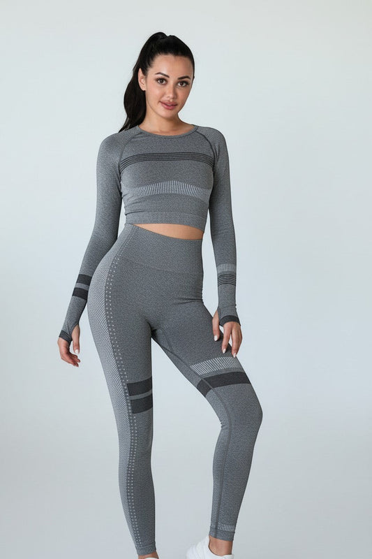 BOJU women's dark grey seamless long sleeve yoga crop top and high-waist leggings set with thumbholes.