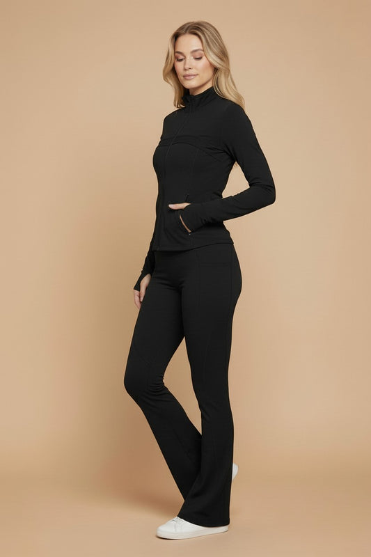BOJUN black yoga jacket with thumbholes and matching flare jumpsuit. 75% Nylon, 25% Spandex.