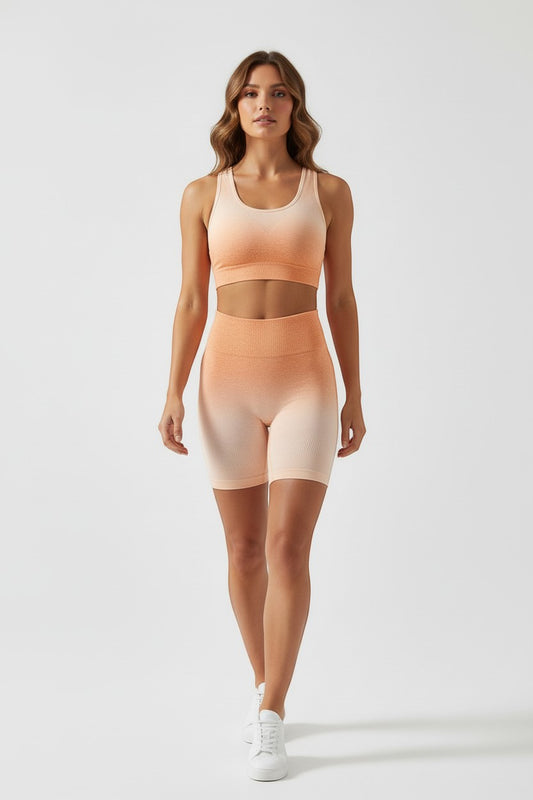BOJUN women's seamless ombre crop top and high-waist biker shorts set in peach and cream gradient.